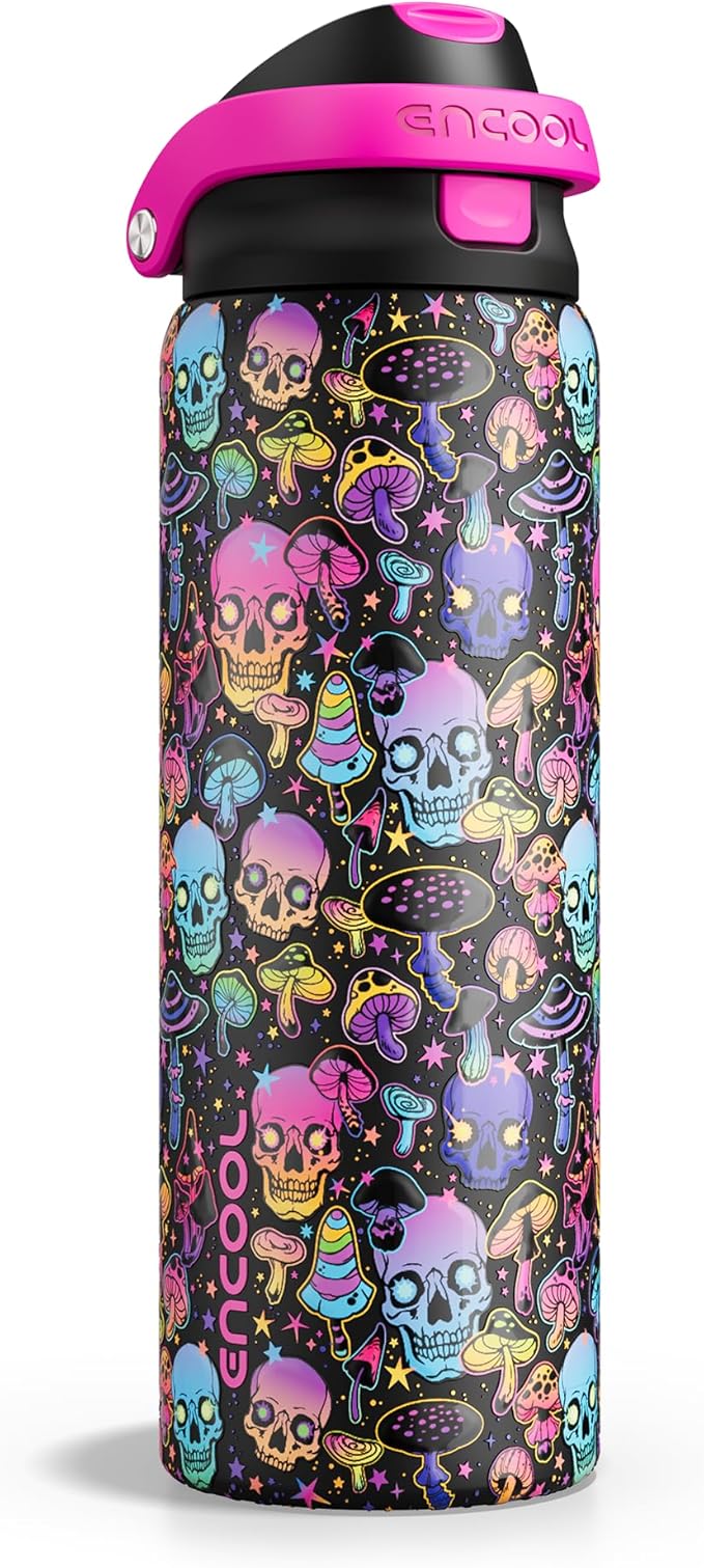 Encool SwiftSip Insulated Stainless Steel Water Bottle with Straw - Leak Proof Sports Water Bottle for School, Travel, Keeps Cold All Day, One-Touch Flip Lid, BPA-Free, 32 oz, Trippy Skulls