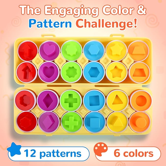 USATDD Matching Eggs for Toddlers Montessori Geometric Eggs Color & Shape Recognition Toy, Fine Motor Skills Shape Sorter Puzzle, Easter Eggs Toys Gifts for Kids, Easter Basket Stuffers
