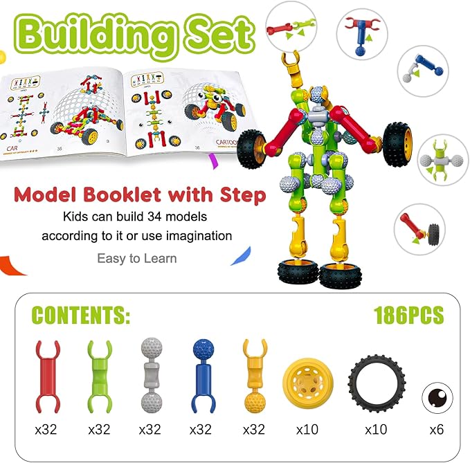 Kids STEM Building Blocks Toys for 4 5 6 7 8+ Year Old Boy Girl Birthday Gift, 186 Pcs Preschool Kindergarten Classroom Must Haves Supplies Educational Stem Bins Age 3-5 4-8 5-7 6-8 8-12 Creative Game