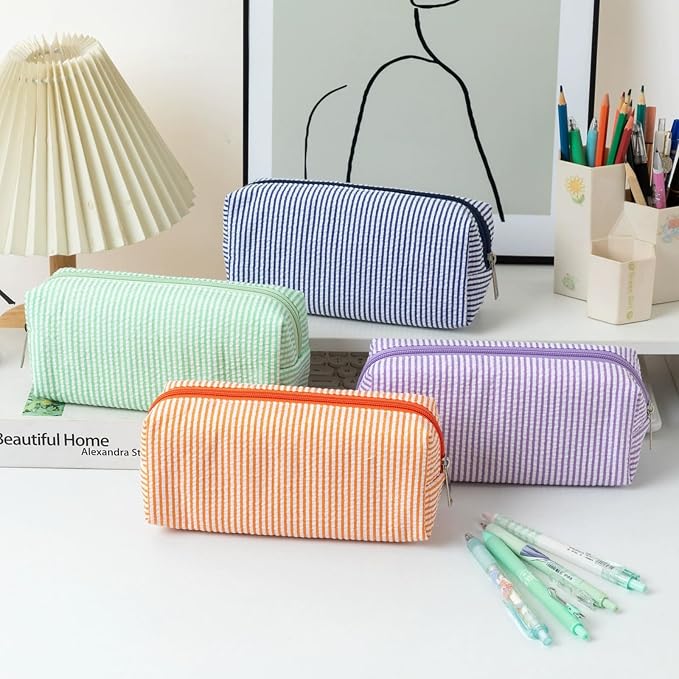 Cute Large Capacity Pencil Case | Aesthetic Striped Pencil Pouch for Office Supplies Organizer (Blue)