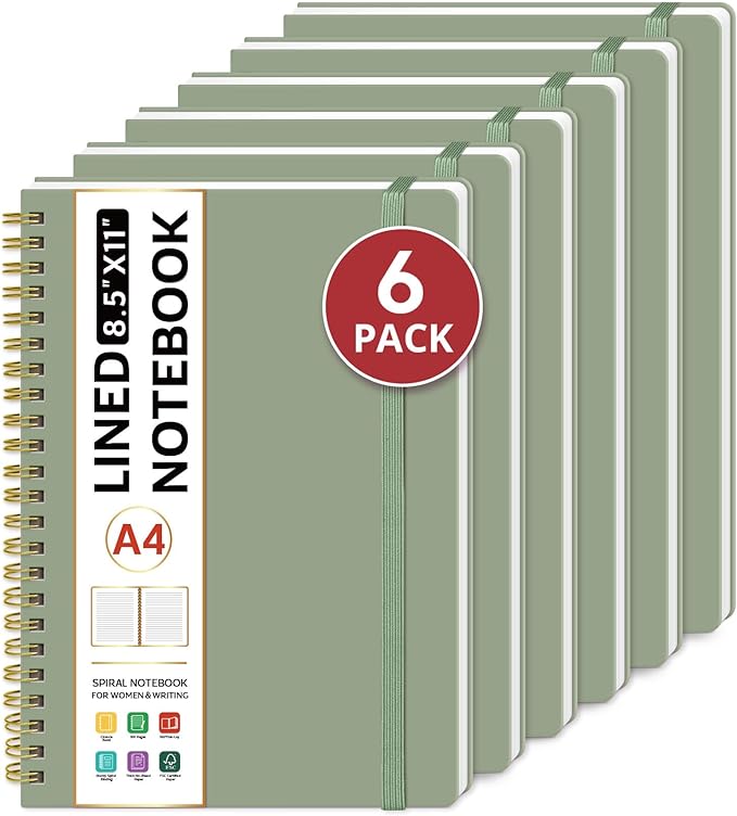 Taja Spiral Lined Notebook, 8.5"x11" Notebooks for Work, 6 Pack, Large A4 Journal for Women & Men, College Ruled Journaling Notebook for Writing, 6 Pcs, Plastic Cover Spiral Journal, Green