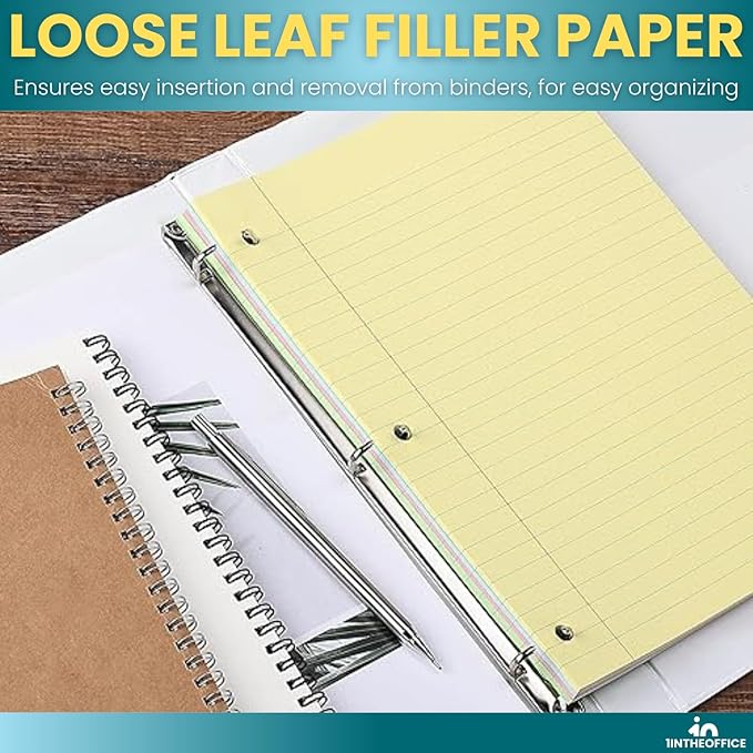 1InTheOffice Loose Leaf Paper Wide Ruled, Pastel Binder Pape, 8" x 10.5", Loose Leaf, 300 Sheets