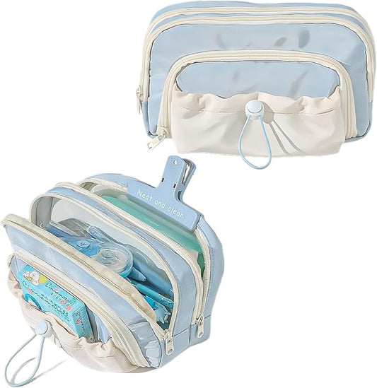 Pencil Case Big Capacity Pen Holder Large Opening Pencil Pouch Box Cute Aesthetic Drawstring Pen Case (Blueberry Blue)