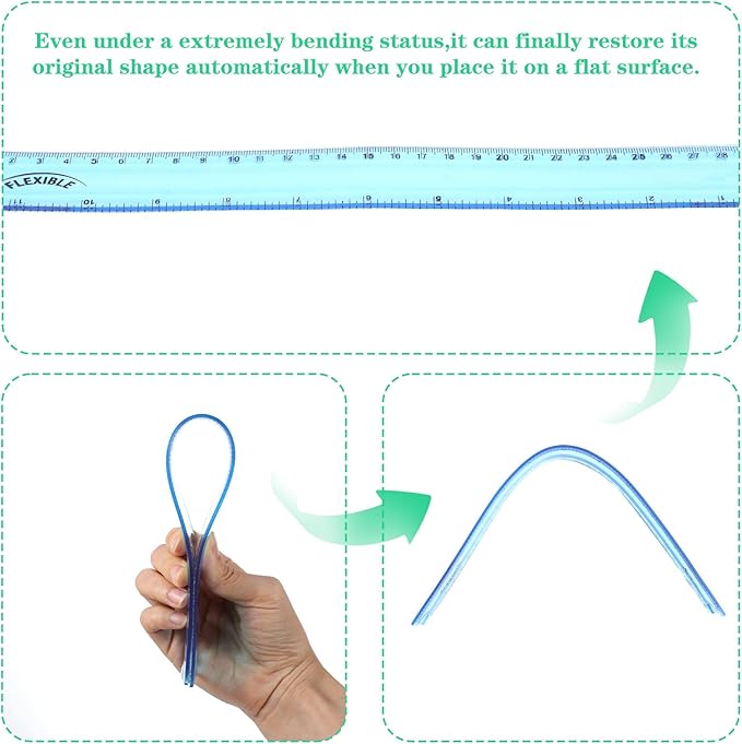 3Pcs Flexible Ruler, 12 Inch Clear Plastic Ruler Soft Bendable Rulers with Centimeters and Inches, for Kids and Adults School Classroom Office Supplies (Red, Green, Blue)