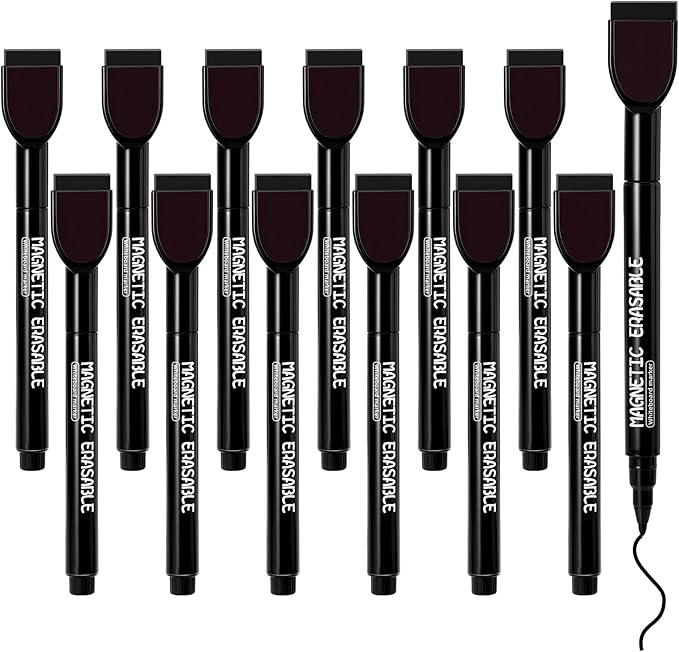 12 Pcs Dry Erase Markers, Black Magnetic Erasable Whiteboard Markers, 1 mm Fine Tip Dry Erase Marker with Eraser, Low Odor Thin Markers for Glass Whiteboards Mirrors Calendar Office