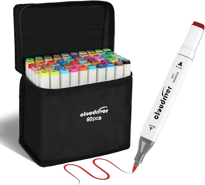 cloudriver Alcohol Markers Brush Tip, 60 Colors Dual Tip Art Markers For Adults Coloring Books Illustration Craft Card Making