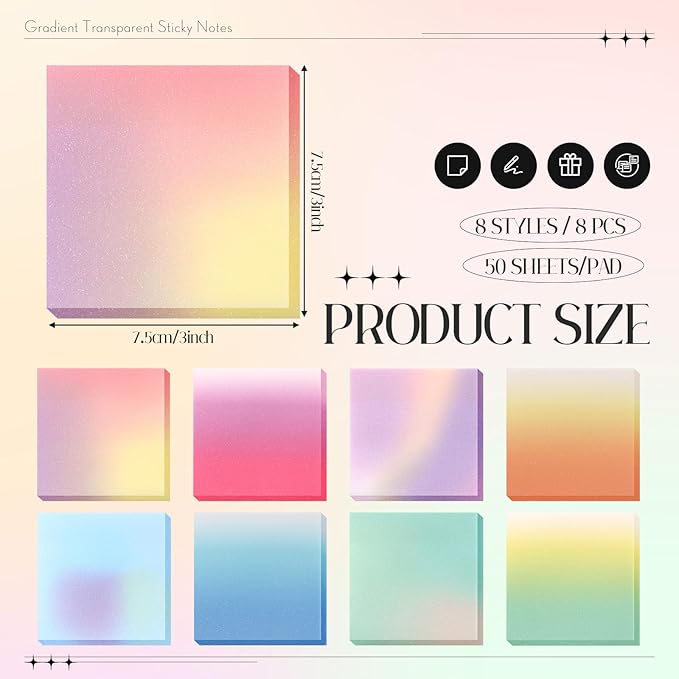 Fullhawl 400 Sheets Gradient Transparent Sticky Notes 3 x 3 Inch Clear Pastel Aesthetic Self-Adhesive Sticky Notes for Annotating Bible Journaling Office College Supplies, 8 Pads