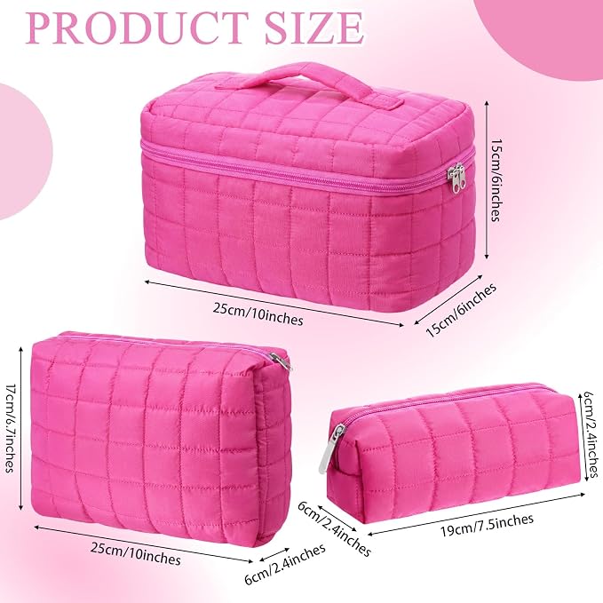 Huhumy 3 Pcs Large Puffy Makeup Bag Set Quilted Cosmetic Pouch for Women Cute Checkered Travel Toiletry Bag Puffer Makeup Organizer Purse Pouch Preppy Pencil Case with Zipper Valentine Gift (Hot Pink)