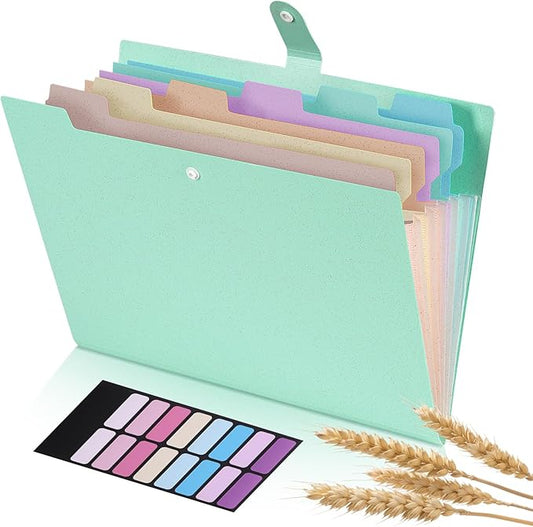 Agoer Accordion File Organizer with 7 Pockets,Eco-Friendly Wheat Straw Expanding File Folder,A4/Letter Size Portable Document Folder with Labels and Snap Closure for School Office College Supplies