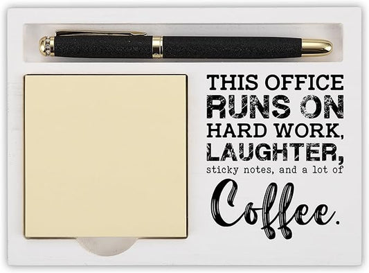 Funny Office Coffee Note Holder Organizer for Desk, White Wood Sticky Note Pad Tray with Quote, Gift for Coworker Boss Teacher Women Men, Work Desk Decor Accessories - FTB322