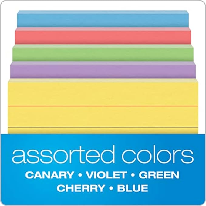 Oxford Mini Ruled Index Cards, Ruled, 3". x 2.5" , Assorted Colors, 200 ea