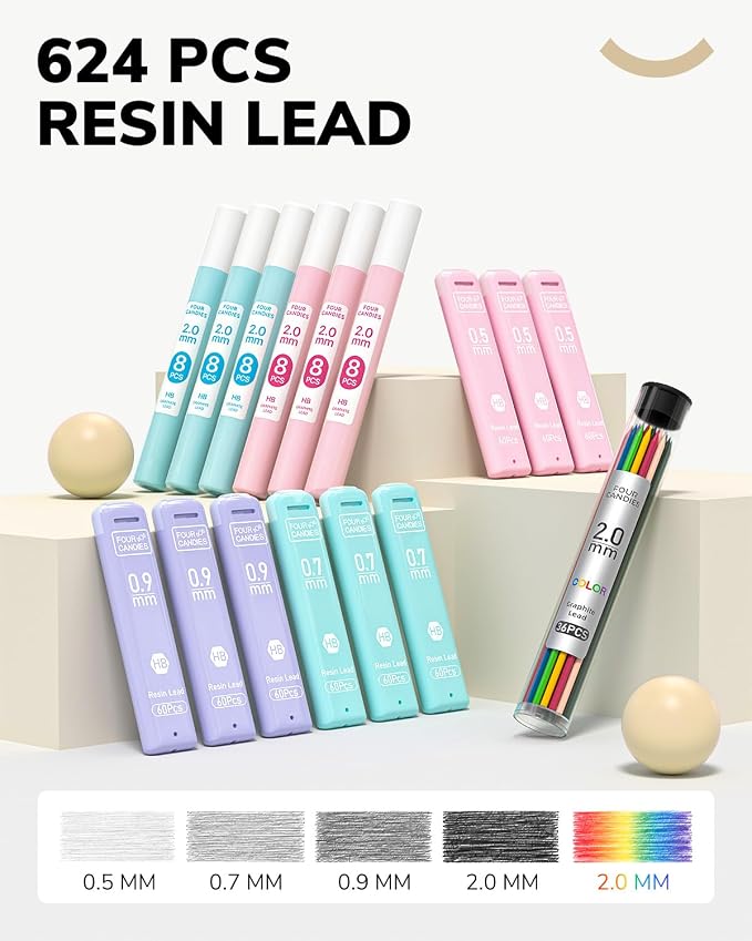 Four Candies 36PCS Mechanical Pencil Set with 624 Lead Refills (White) | 0.5mm, 0.7mm, 0.9mm & 2.0mm Mechanical Pencils, Aesthetic School Supplies for Writing, Drawing, Drafting and Note-Taking