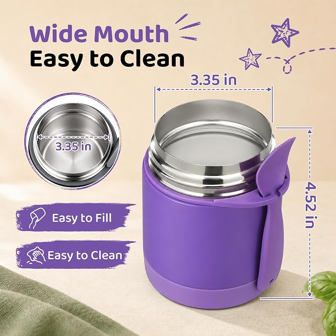 Pawtong10oz Soup Thermo for Hot Food Kids Insulated Food Jar,Thermo Hot Food Lunch Container, Width Mouth Stainless Steel Lunch Box for Kids with Spoon (Purple)