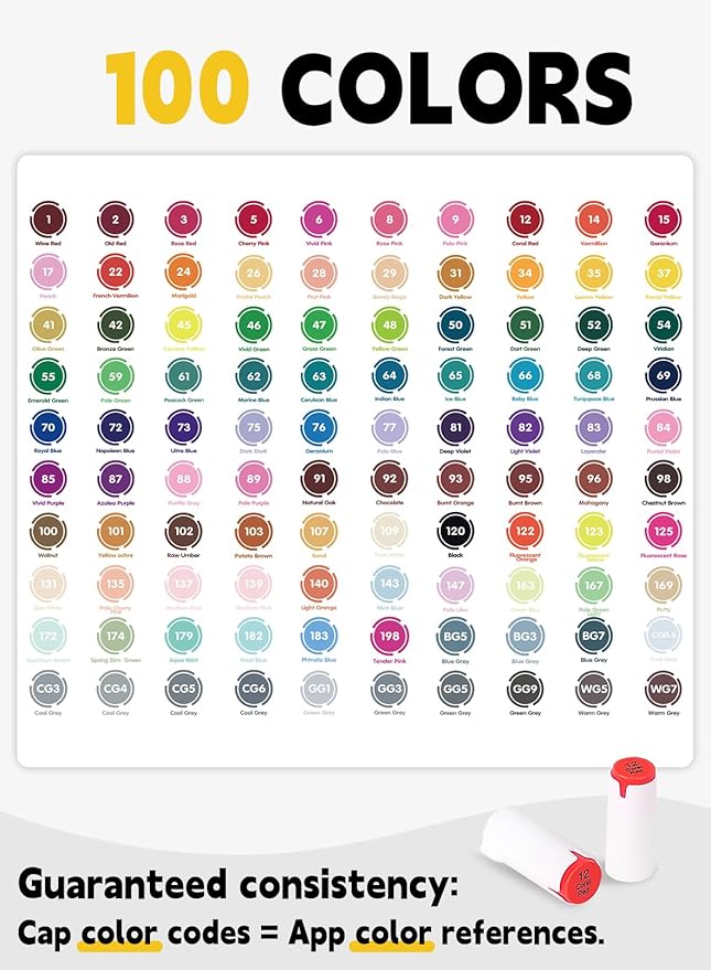 YHC 100 Colors Alcohol Markers Brush Tip with Free App, Chen Rui Series Chisel & Brush Tips Alcohol Brush Markers for Adults Coloring, Drawing, Painting, Illustration, Sketching