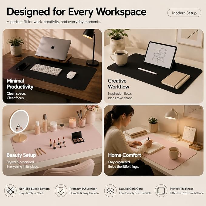 AFIING Leather Desk Pad Protector, Large Mouse Pad, Dual-Sided PU Leather & Natural Cork Desk Mat, Non-Slip Waterproof Laptop Desk Blotter for Office and Home, 23.6" x 13.7", Black