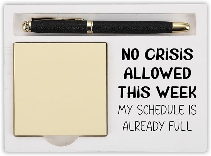 Funny Desk Note Holder for Office Women Men, No Crisis Allowed This Week, White Wood Sticky Note Tray Organizer, Humorous Coworker Gift, Work Desk Accessories for Professionals - FTB314