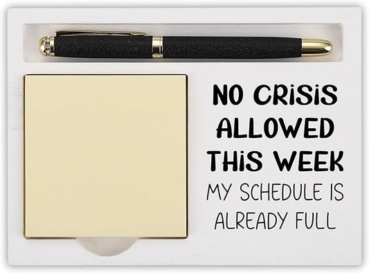 Funny Desk Note Holder for Office Women Men, No Crisis Allowed This Week, White Wood Sticky Note Tray Organizer, Humorous Coworker Gift, Work Desk Accessories for Professionals - FTB314