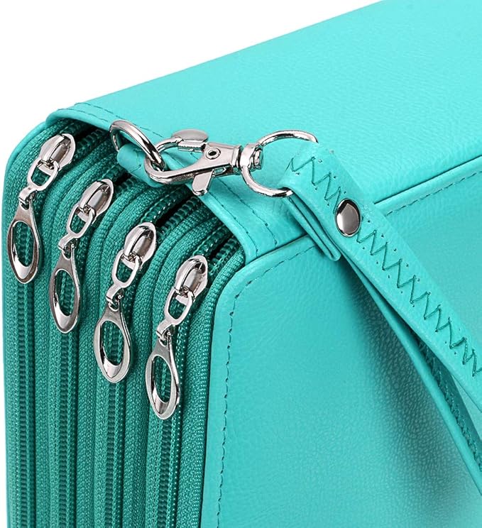 BTSKY 200 Slots Colored Pencil Organizer - Deluxe PU Leather Pencil Case Holder With Removal Handle Strap Pencil Box Large for Colored Pencils Watercolor Pencils (Green)