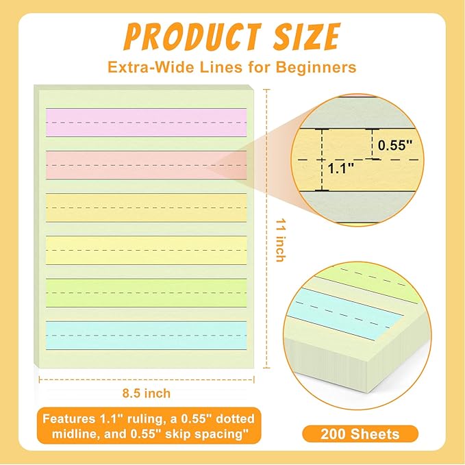 Kindergarten Writing Paper with Lines Wide Ruled Primary Writing Paper Raised Line Paper 8.5”x11” Spacing Colored Tactile Paper for Kids Multi-Sensory Ruled Handwriting Tablet (200)