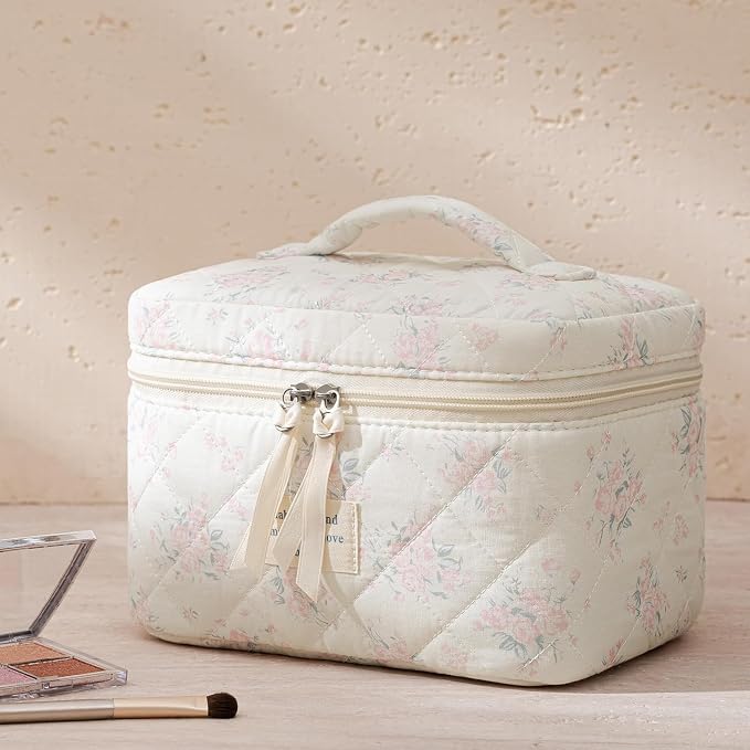 HBselect Quilted Makeup Bag, 3Pcs Cotton Large Travel Makeup Bags Organizer | Cute Floral Make up Bag Cosmetic Bag Toiletry Bag for Women Girls, Makeup Pouch for Skincare, Brushes & Travel Essentials