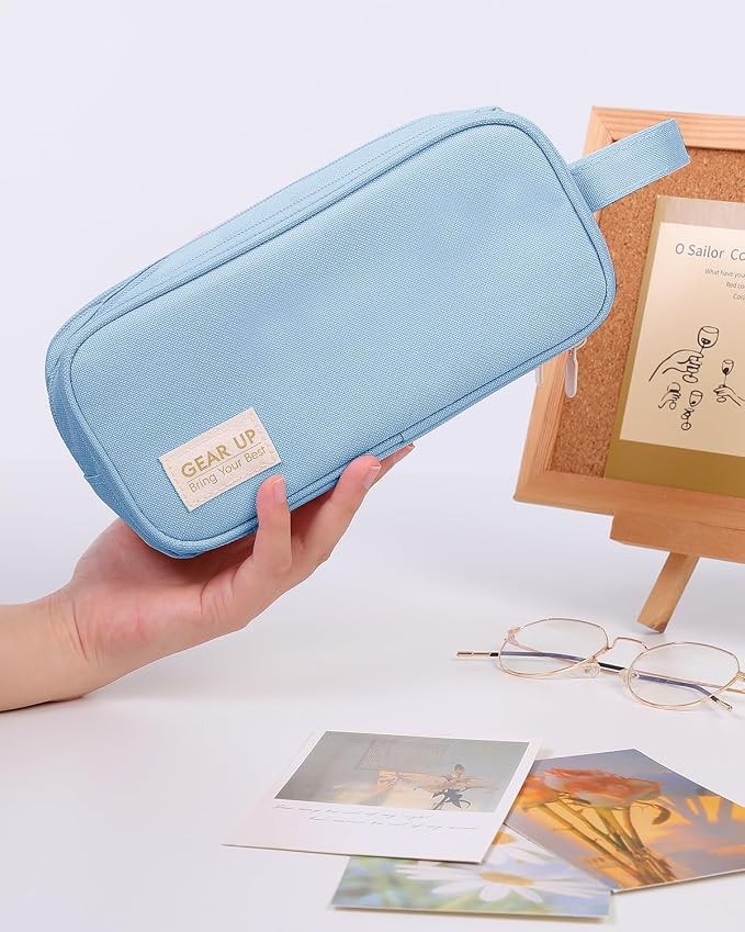 SKYDUE Large Capacity Pencil Case with Handle, 3 Compartment Canvas Pencil Pouch, Cute Soft Color Pencil Bag for Pens, Markers, Aesthetic Stationery and Organizer for Teen Girls Adult, Light Blue