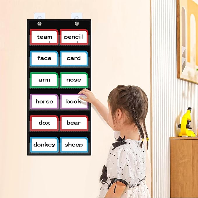 ANCOMEDO 10”W x 25”H Classroom Words Pocket Chart with 6 Clear Pockets, Black Standard Pocket Chart for Classroom and Home for Sentence Strips, Reusable Words Hanging Pocket Chart (Black)