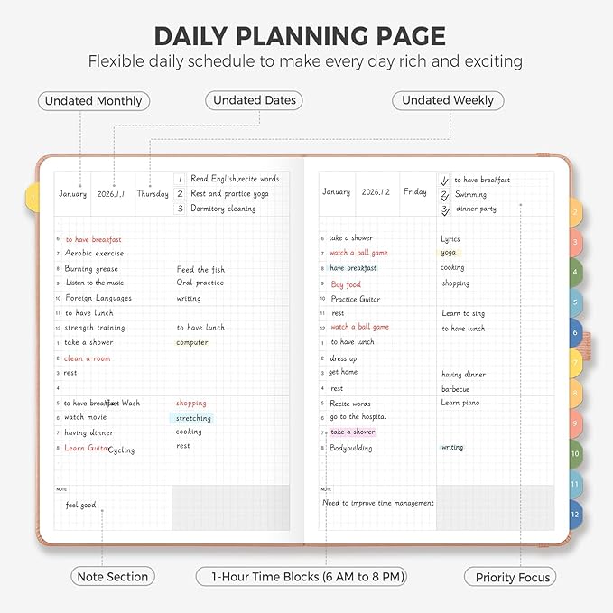 Daily Planner Undated, Appointment Book for Hourly, Daily and Monthly, 365 Days, One Page a Day, Medium Size (5.7" x 8.3"), Leather Hardcover, 12 Self-adhesive Monthly Tabs (Pink)