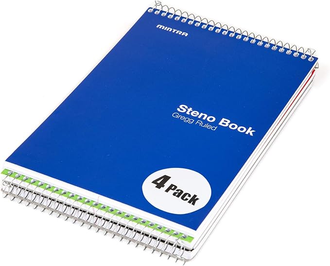 Mintra Office Steno Books Set - Top-Spiral Bound, Gregg Ruled, 70 Green Tint Sheets, Primary Color Covered Notebooks for Office, Professional, School & Work, Note-taking, Writing Pads, 6"x9", 4 Pack