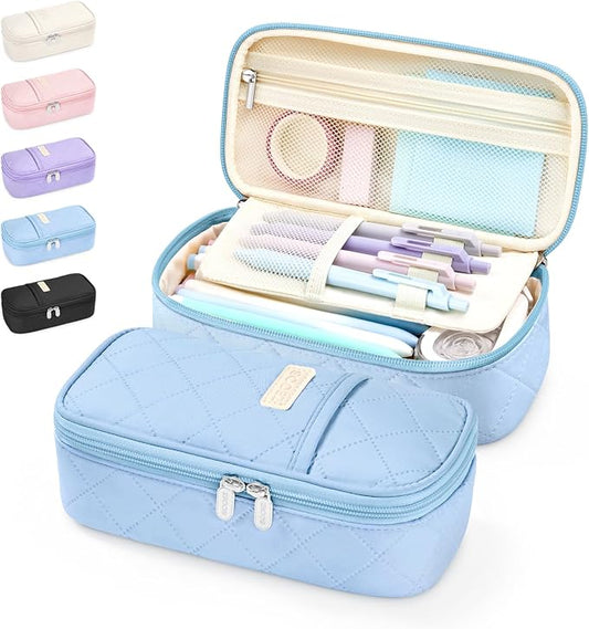 Sooez Cute Pencil Case, Soft Quilted Pencil Pouch, Large Pen Pencil Bag | Zipper Pen Case, Aesthetic Pen Pouch, Colored Stationery Storage & Organizer, School Supplies for Teen Girl Students, Blue