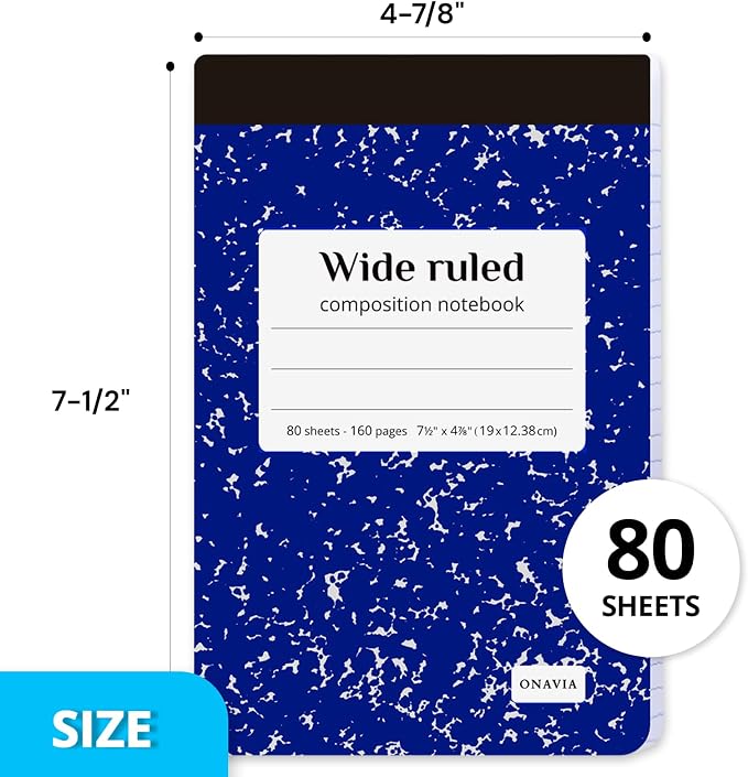 ONAVIA Small Composition Notebook Bulk, Wide Ruled, 160 Pages, Black