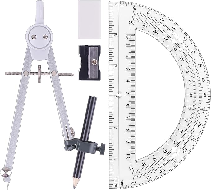 UNJOO Professional Compass for Geometry Set, Metal Compass with Wheel and Lock for Geometry, Drawing Compass Tool, Circle Drafting Tool, and 6 Inch Math Protractors 180 Degree (Silver)