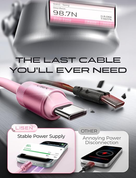 LISEN 10FT USB C Cable Fast Charging, Chubby 240W Cable USB C to USB C Fast Charging Soft Silicone USBC to USBC Parallel Cable for iPhone 17 Pro Max 16 15 Samsung S25 Ultra MacBook Pro Air iPad Pink