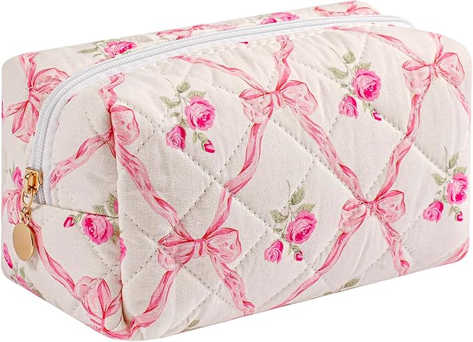 JOVAKIT Square Makeup Bag Cute Cosmetic Bag for Women, Floral Coquette Aesthetic Toiletry Bag, Zipper Make Up Pouch, Travel Make Up Organizer Bag (Pink Bowknot)