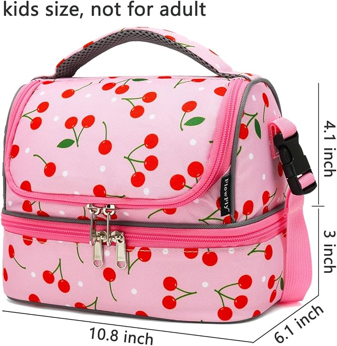 FlowFly Kids Double Decker Cooler Insulated Lunch Bag Large Tote for Boys, Girls, Men, Women, With Adjustable Strap, Cherry