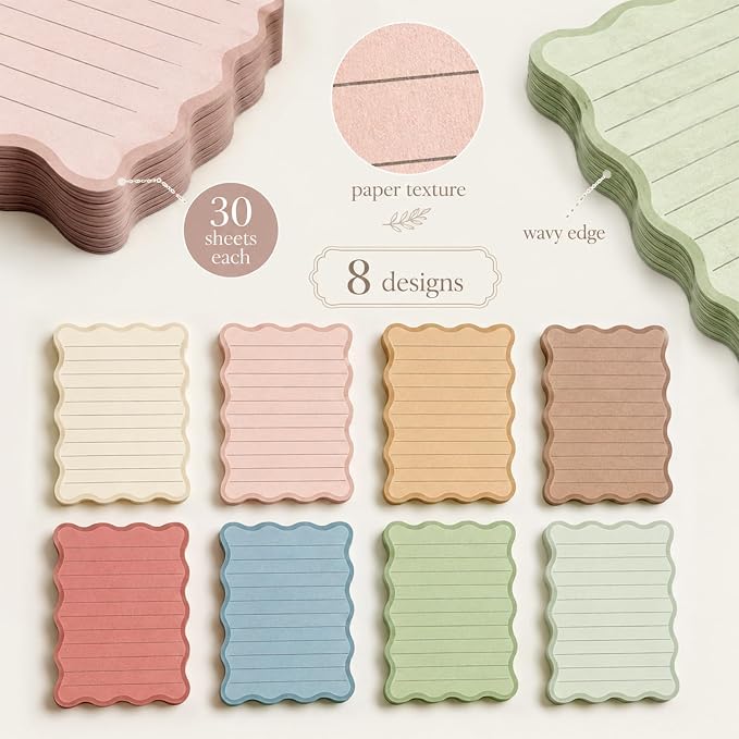 Whaline 8Pcs Stripe Scalloped Sticky Notes 4 x 6 Inch Neutral Color Striped Self Adhesive Lined Notepad Removable Memo Pad for Classroom Office Home School Party Supplies