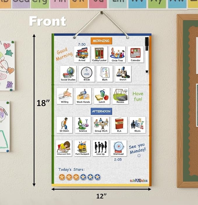 SchKIDules Magnetic Visual Schedule & Progress Chart for School; 2-Sided 18” Folding Board Plus 141 Magnets for Daily Routines, Positive Behavioral Supports, Special Ed, Preschool, ADHD & Autism