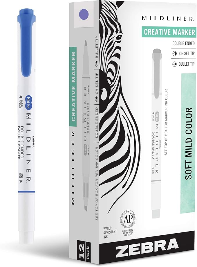 Zebra Pen Mildliner Dual-Tip Highlighters, Broad and Fine Tips, Ideal for Bible Highlighting, No Bleed, School Supplies, Teacher Supplies, and Office Supplies, Mild Lavender Ink, 12-Pack (78580upc)
