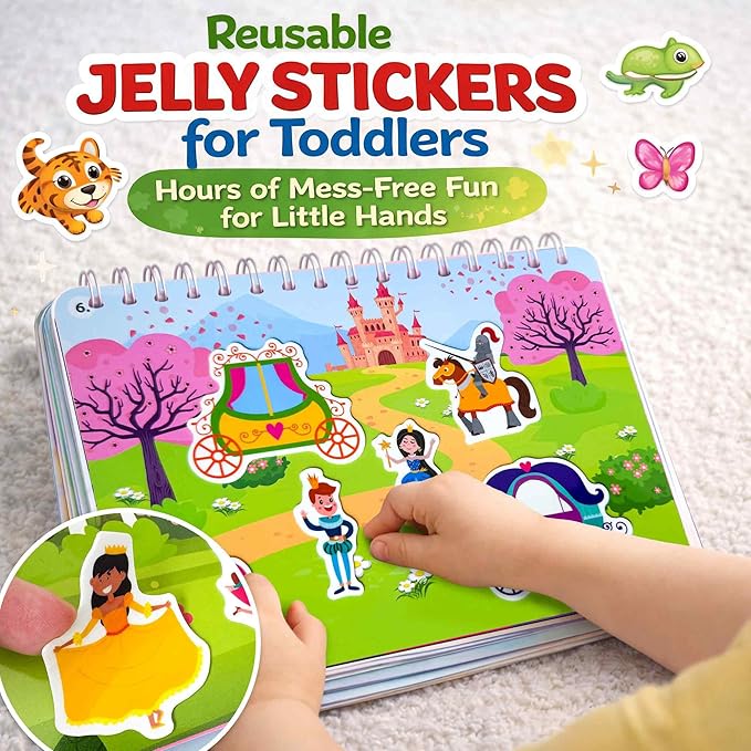 QUOKKA Jelly Sticker Books for Toddlers 1-3, 10 Fairy Tale Themes Unicorn Princess Mermaid, 40+ Large Thick Reusable Stickers, Waterproof Washable Toddler Activity Busy Book, Travel Toy