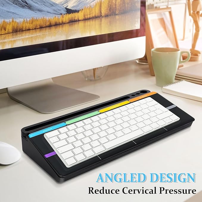 DOLLAR BOSS Glass Desk Whiteboard Calendar Small Dry Erase Board Desktop White Board with Storage Drawer Computer Keyboard Stand Desk Organizer, Colorful Weekly Calendar, Black