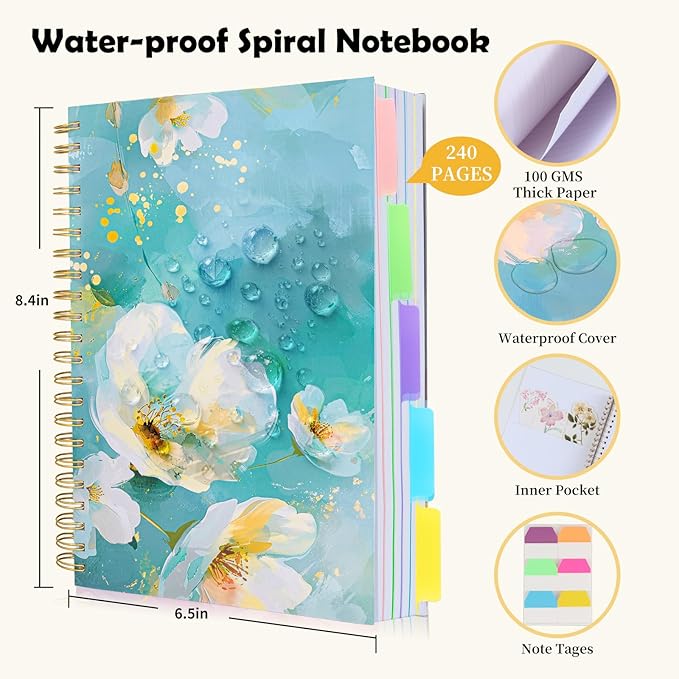 5 Subject Notebook College Ruled, A5 Spiral Notebook with Removable Pocket Dividers Tabs, Lined Organizer Notebook Journal for Women, 240 Pages Notebooks for Work School Note Taking, Green Floral