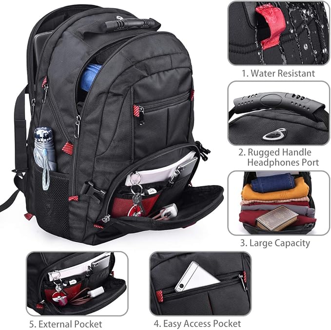 NUBILY Laptop Backpack 17 Inch Waterproof Extra Large TSA Travel Backpack Anti Theft College Business Mens Backpacks with USB Charging Port 17.3 Gaming Computer Backpack for Women Men Black 45L