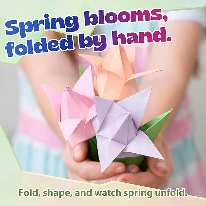 Pinwheel Crafts Flower Origami Kit for Kids Ages 8-12 | 150 Pcs Origami Paper Kit w/Spring Color Folding Papers,Easter Crafts, Chenille Stems,Buttons and Jewels, Arts and Crafts Paper Book for Kids