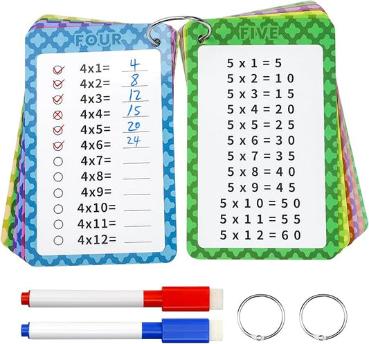 Multiplication Flashcards 0-12, 13 Pcs Multiplication Chart Math Flashcards, Multiplication Math Game, Times Table Flash Cards with 2 Dry Erase Markers and 2 Rings for 1st to 3rd Grades