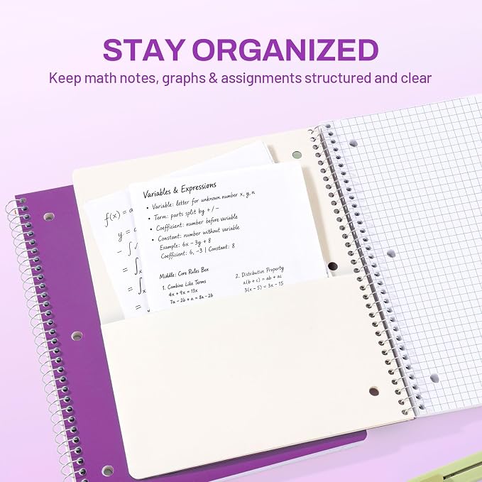 SUNEE Spiral Notebook, 1-Subject, Graph Ruled Paper, 8" x 10-1/2", 100 Sheets per Notebook, 3-Hole Punched Paper, Water Resistant Cover, Spiral Grid Notebooks for Work, Home, School, Dark Purple