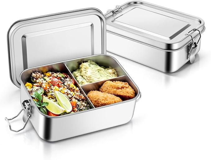 TeamFar 2 Pack Stainless Steel Bento Box, 28oz Metal Lunch Box with 3 Compartments for Adults/Kids, Lunch Food Containers for School/Work/Meal Prep, Leak-Proof & Dishwasher Safe, 850ML