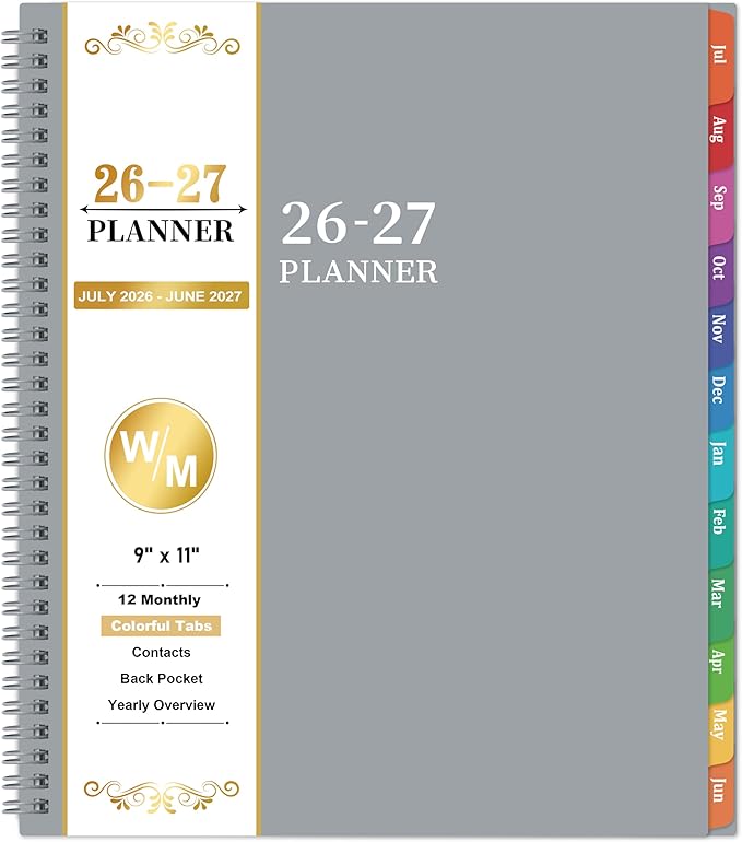 Planner 2026-2027 - July 2026 - June 2027, Academic Planner 2026-2027, 26-27 Planners Weekly and Monthly with Colorful Tabs, 9" x 11", Monthly Calendar Planners with Twin-wire Binding, Pocket - Grey