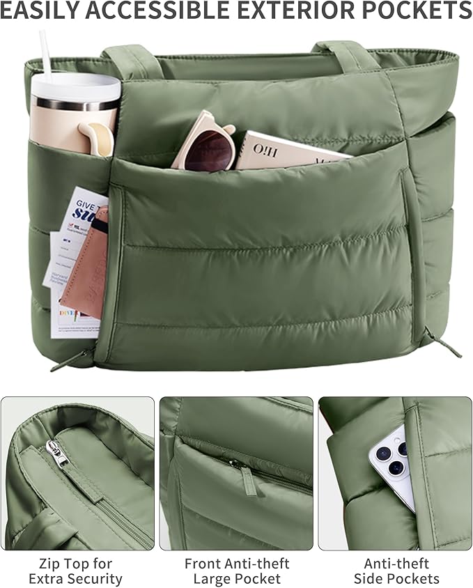 Bagstellar Puffer Tote Bag for Women, Lightweight Puffy Work Handbag Teacher Nurse Quilted Shoulder Bag for School Travel Gym | Cloud Bag w/ Zipper