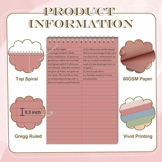 10 Pack 6X9 Pastel Steno Pads Gregg Ruled Spiral Notebook Top Spiral Notepad Colored Steno Pads Pastel Colored Notepads Color Paper 50 Sheets for School College Office(Red Pink Blue Green Flesh)