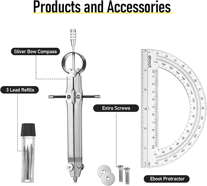 EBOOT Student Geometry Math Set, Metal Drawing Compass and 6 Inch Clear Swing Arm Protractors 180 Degree Math Protractor(Silver)