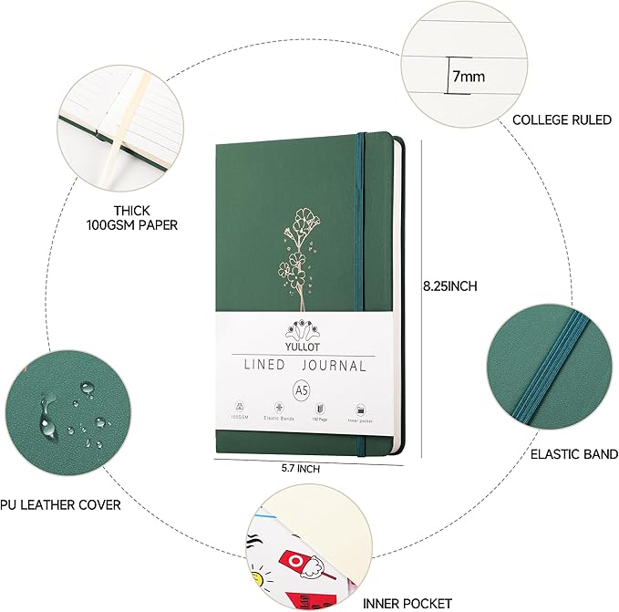 Lined Journal Notebook –A5 PU Leather Hardcover Notebook, 100gsm Thick Bleedproof Paper with Inner Pocket – 192Pages Lined Writing Journal for Students Women Note Taking - Sage Green